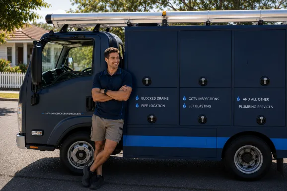 Plumber standing beside a service van in Turramurra