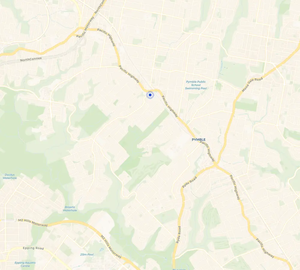 Map of the Turramurra service area and the surrounding Upper North Shore, showing Turramurra and the nearby streets we cover.