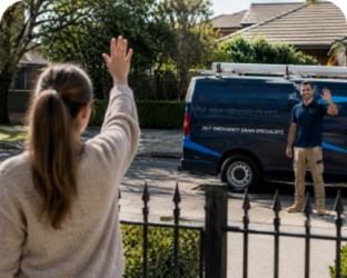 Customer waving goodbye to a Turramurra Blocked Drains plumber